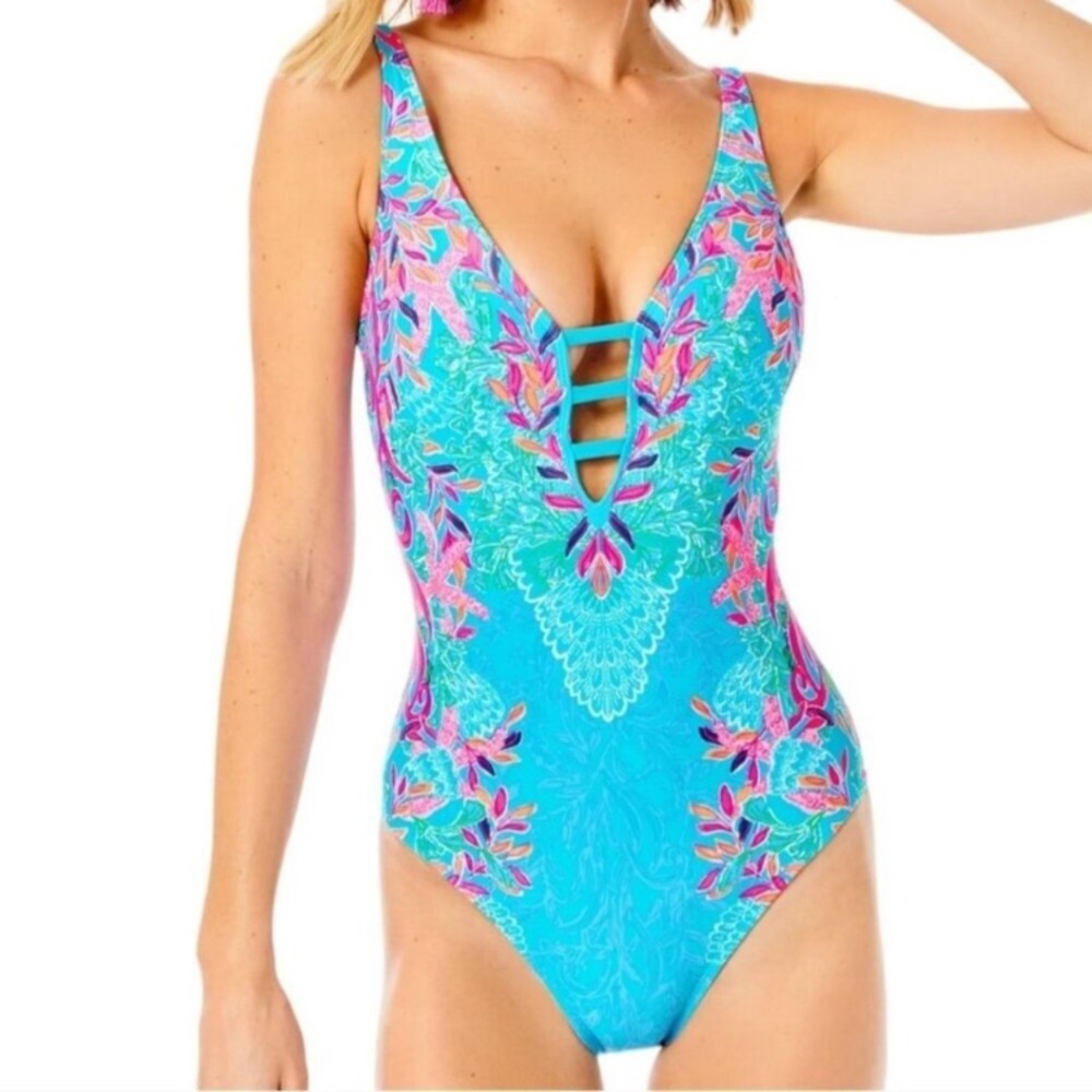 Lilly Pulitzer Jaspen Swimsuit Size 12 Seaweed Soiree Print EUC Perfect